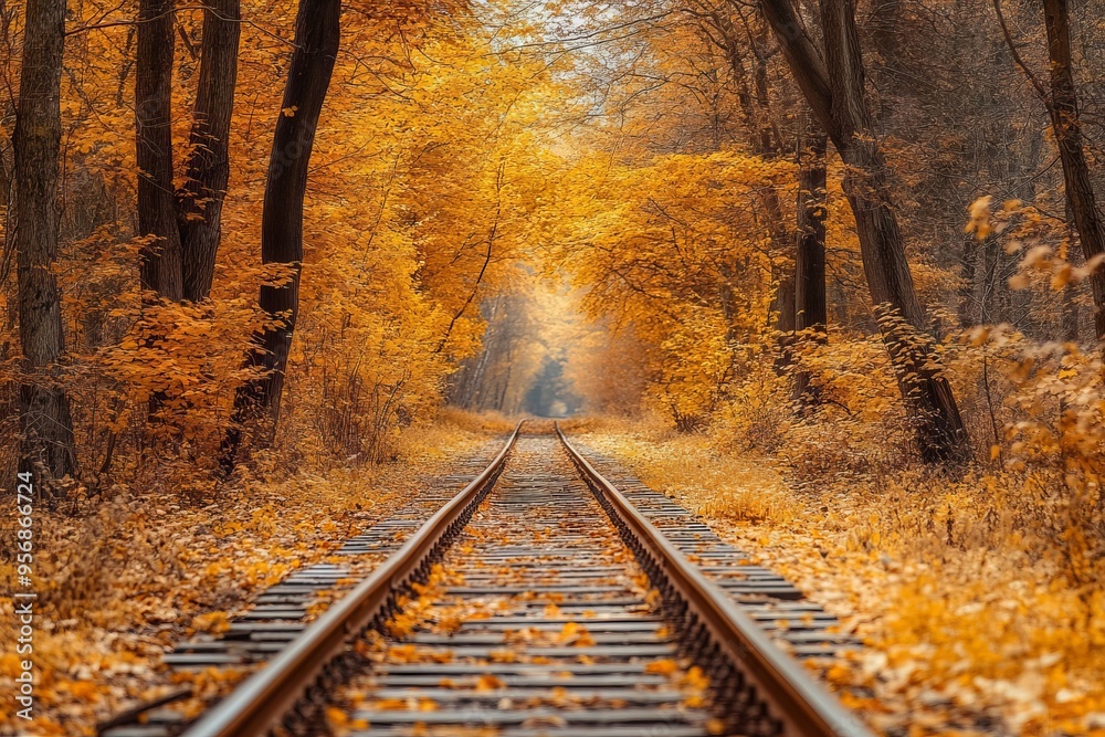 Naklejka premium Autumn Forest with Old Railway Tracks in a Tunnel of Love, AI generated illustration