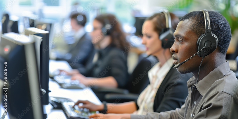 A customer service team at work, answering queries and managing returns for an online retail store A customer service team at work, answering queries and managing returns for an online retail store