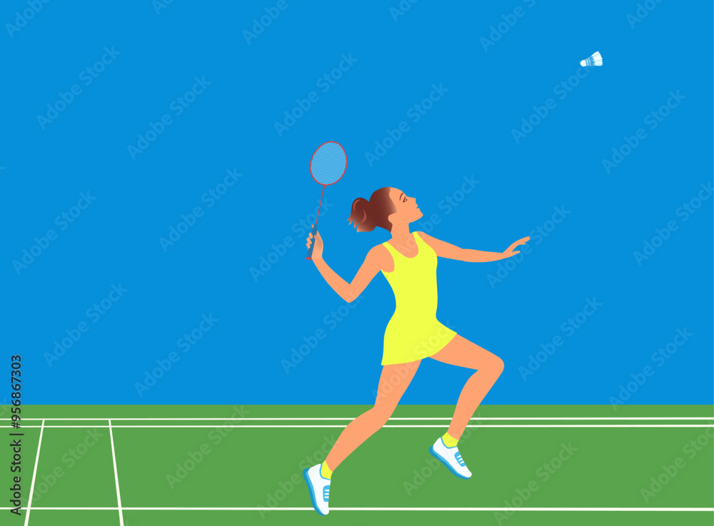 Obraz premium Woman playing badminton. Horizontal poster with girl player in motion hitting shuttlecock with racquet. Vector illustration.