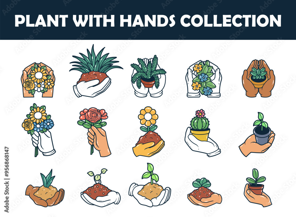 Plants with hand vector illustration set Plants with hand vector illustration set