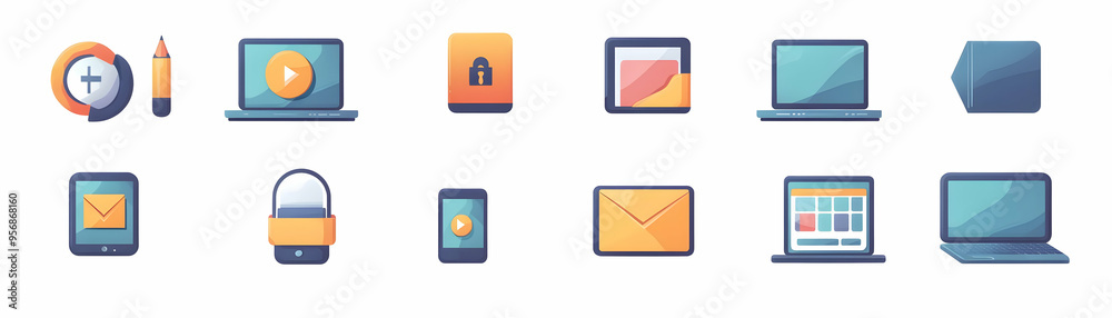 Isolated Online Course Icon Set concept as A vector set of isolated icons representing various online course elements including a laptop tablet and smartphone. The icons are set on a white background Isolated Online Course Icon Set concept as A vector set of isolated icons representing various online course elements including a laptop tablet and smartphone. The icons are set on a white background