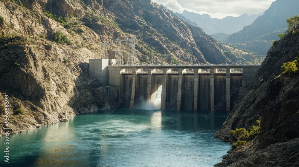 A scenic view of a modern dam surrounded by mountains and clear blue water, showcasing nature's beauty and engineering marvel. A scenic view of a modern dam surrounded by mountains and clear blue water, showcasing nature's beauty and engineering marvel.