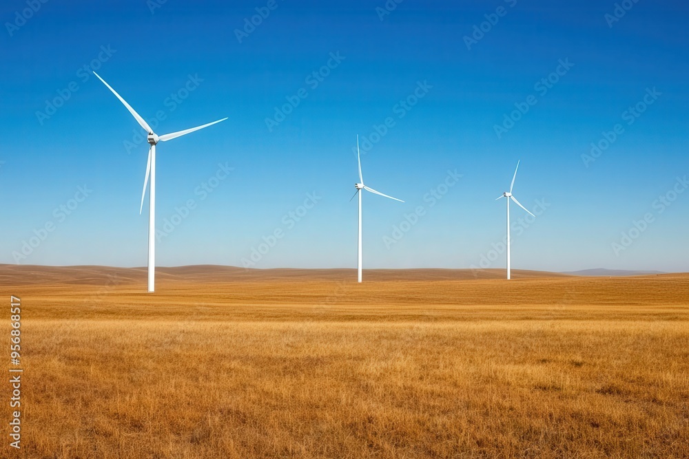 Breathtaking wind farm scenery with turbines elegantly spinning under a clear blue sky, showcasing renewable energy in harmony with nature. Breathtaking wind farm scenery with turbines elegantly spinning under a clear blue sky, showcasing renewable energy in harmony with nature.