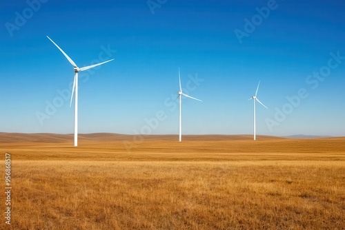 Breathtaking wind farm scenery with turbines elegantly spinning under a clear blue sky, showcasing renewable energy in harmony with nature.