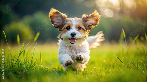 Adorable small energetic dog with white and brown fur, floppy ears, and big brown eyes, running freely in a lush green open field outdoors. photo