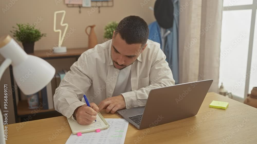 Hispanic man working on laptop and writing notes, portraying modern home office setup Hispanic man working on laptop and writing notes, portraying modern home office setup