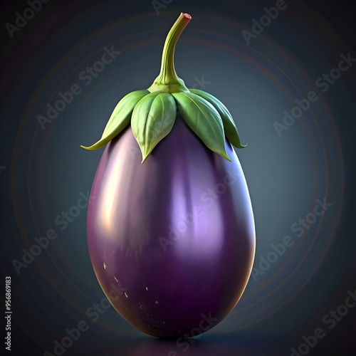 A vibrant 3D illustration of an African eggplant. showcasing its glossy purple skin and lush green leaves. photo