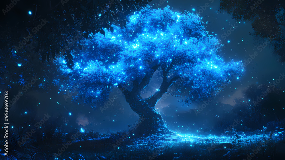 Fototapeta premium An ethereal tree radiates with mystical blue lights, creating a serene and magical atmosphere in a tranquil nocturnal forest. Mystic. Illustration