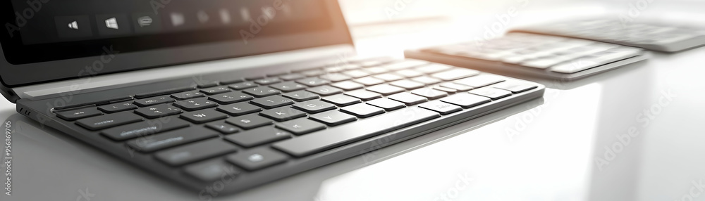 Keyboard and tablet with Work Efficiently text isolated on white background concept as Camera movement Focus on the keyboard and tablet emphasizing efficiency tools. Scene Sleek and modern setup with Keyboard and tablet with Work Efficiently text isolated on white background concept as Camera movement Focus on the keyboard and tablet emphasizing efficiency tools. Scene Sleek and modern setup with