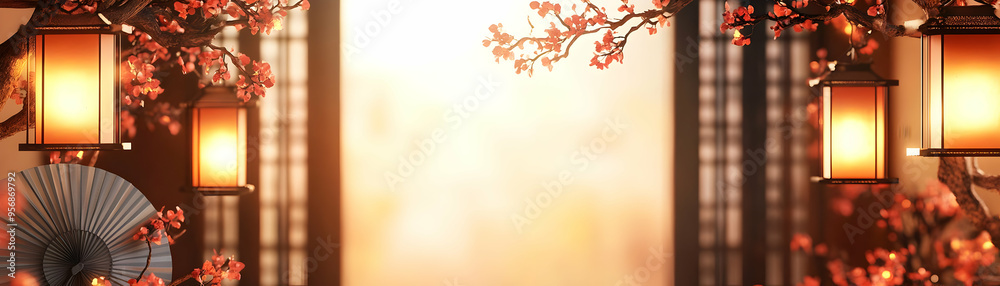 Lantern and Fan Border Frame with Copy Space concept as A border frame featuring a lantern and traditional fan on either side with generous copy space in the center. Happy Mid Autumn wording is subtly Lantern and Fan Border Frame with Copy Space concept as A border frame featuring a lantern and traditional fan on either side with generous copy space in the center. Happy Mid Autumn wording is subtly