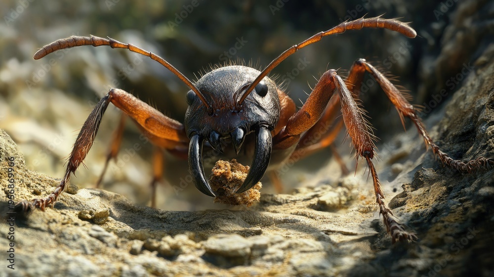Detailed view of an ant carrying food back to its nest, emphasizing its strong mandibles and the texture of its body in a natural setting. Detailed view of an ant carrying food back to its nest, emphasizing its strong mandibles and the texture of its body in a natural setting.