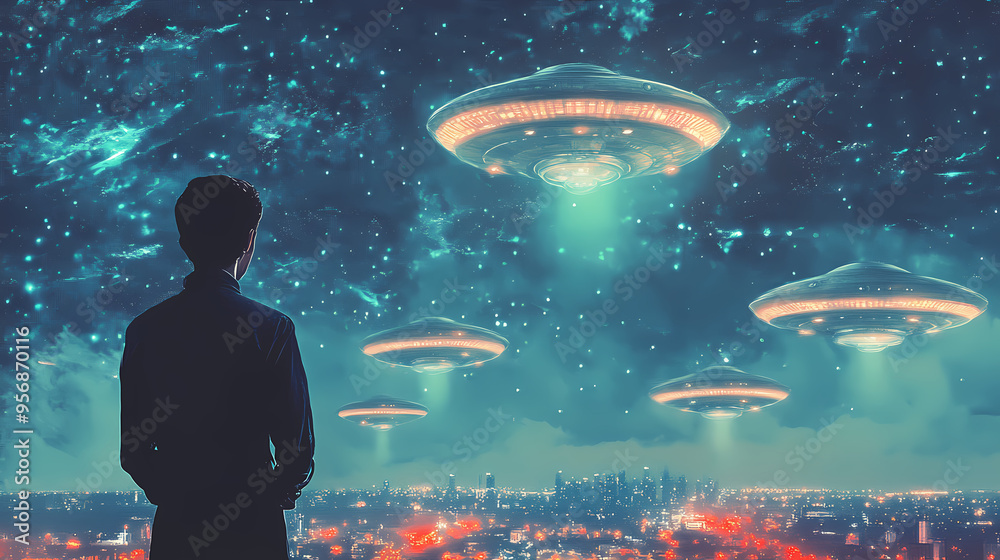 Back view of man looking at alien invasion, ufo flying in the sky ...