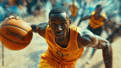 Basketball player driving to the hoop, evading defenders with agility, sweat flying, the crowd a blur in the background.