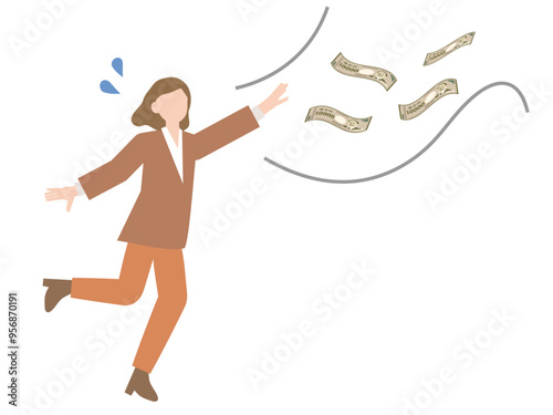 羽根が生えて飛んでいくお金を追いかける女性