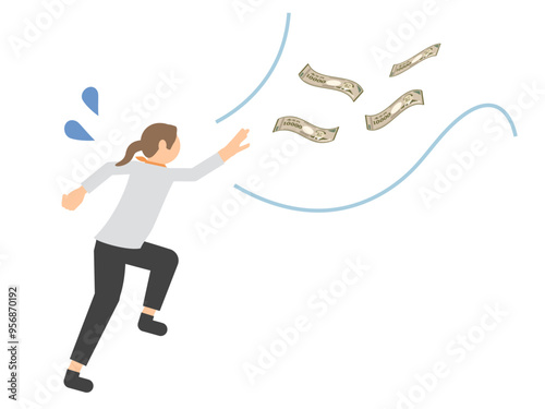 羽根が生えて飛んでいくお金を追いかける女性（後ろ向き）