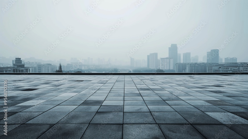 Urban Skyline with Foggy View - Empty Concrete Floor Urban Skyline with Foggy View - Empty Concrete Floor