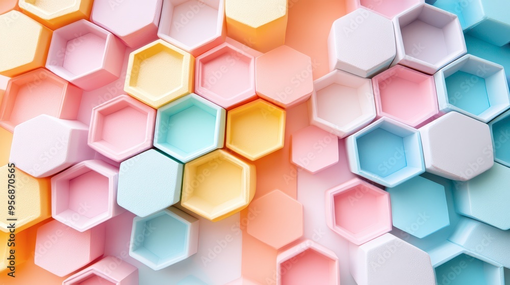 Colorful hexagonal shapes arranged in a vibrant pattern on a surface Colorful hexagonal shapes arranged in a vibrant pattern on a surface