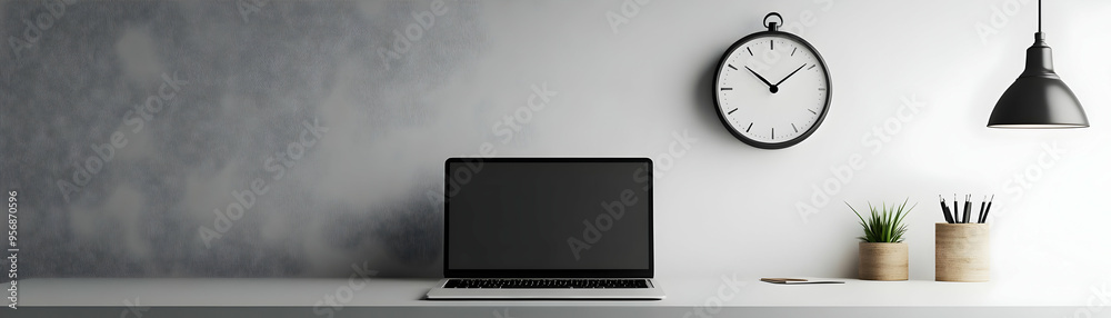Fototapeta premium Laptop and Clock Icons with On Time text isolated on white background concept as Camera movement Focus on the laptop and clock icons highlighting the importance of punctuality in virtual meetings. Sce