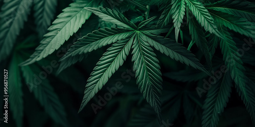 Cannabisblätter in Nahaufnahme vor dunklem Hintergrund
