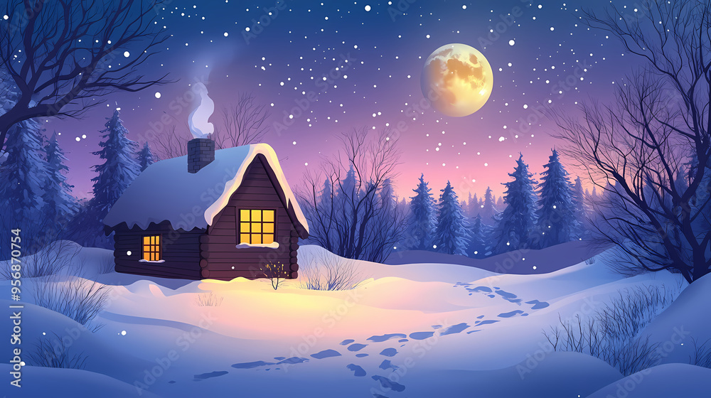 Fototapeta premium Fabulous mystic winter landscape, night scene with a moon and cute house in snow. Mystic. Illustration