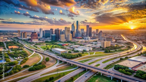 Aerial view of the Dallas-Fort Worth metropolitan area at sunset, showcasing a bustling urban landscape with skyscrapers, highways, and sprawling suburban developments. photo