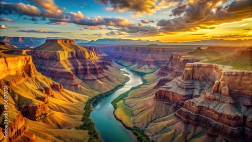 Aerial view of vast Grand Canyon landscape, Colorado River snaking through rugged terrain, seen from helicopter above Arizona's majestic natural wonder during golden hour.