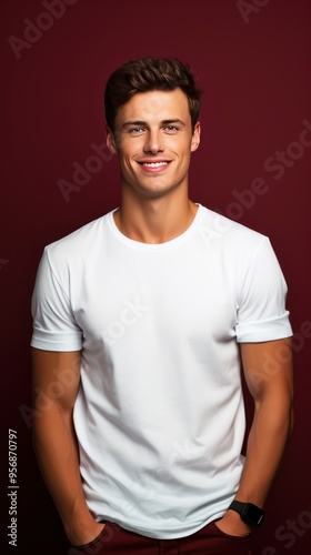 Maroon background Happy european white man realistic person portrait of young beautiful Smiling man good mood Isolated on Background Banner 