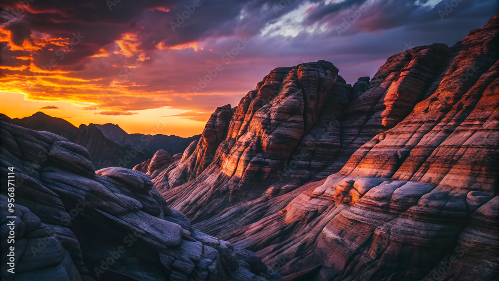 Fototapeta premium Dramatic sunset over rocky mountains with colorful layers for nature and adventure themes 