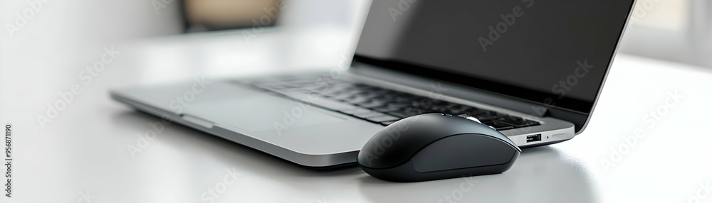 Laptop and wireless mouse with Work Smart text isolated on white background concept as Camera movement Focus on the laptop and mouse highlighting the efficiency message. Scene Sleek and modern setup w