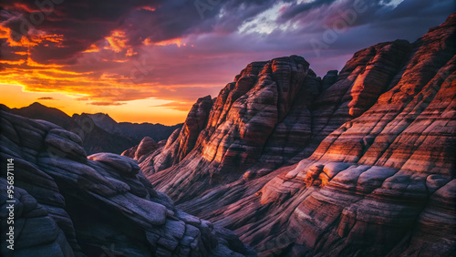 Dramatic sunset over rocky mountains with colorful layers for nature and adventure themes 