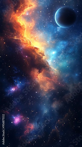 Cosmic Nebula with Blue Planet Illustration