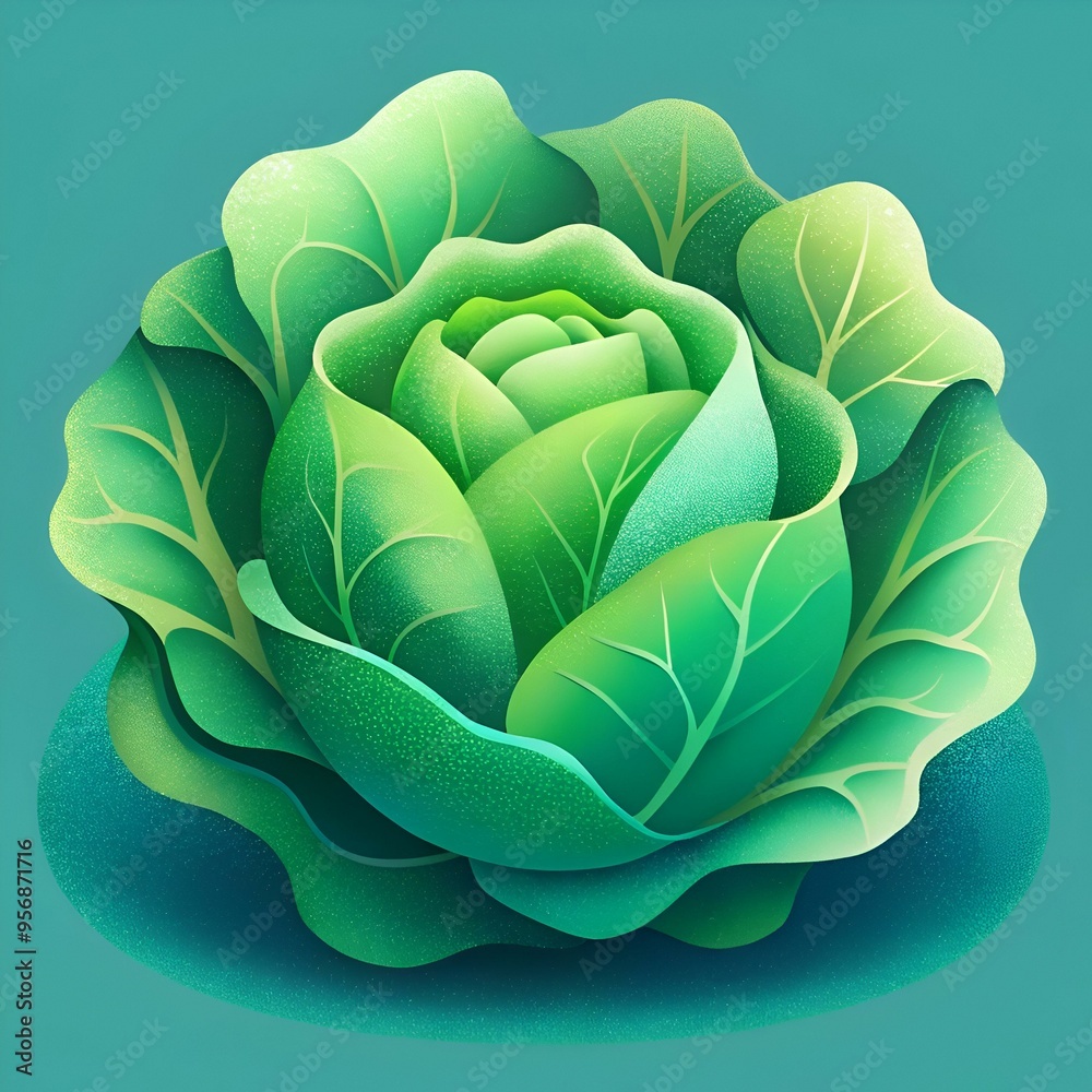Fototapeta premium A stylized. vibrant green cabbage illustration with a focus on its intricate leaf structure.