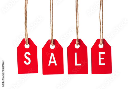 Four red hanging wobbly sale tags with strings isolated on transparent background photo