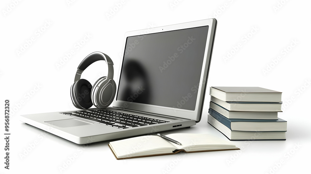 Laptop with Headset and Notes concept as A sleek laptop paired with a headset and a stack of notes representing essential tools for virtual meetings isolated on a white background to highlight each el Laptop with Headset and Notes concept as A sleek laptop paired with a headset and a stack of notes representing essential tools for virtual meetings isolated on a white background to highlight each el