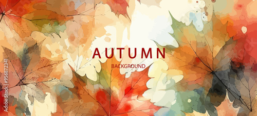Autumn background with watercolor falling leaves . Abstract art autumn minimalistic background with brush texture and flying maple leaves.Hand-painted natural art with fall leaves. Autumn border  .