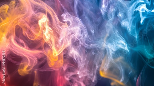 Abstract Smoke Art: Swirls of colorful smoke in mid-air, creating intricate patterns that blend and intertwine with each other. 