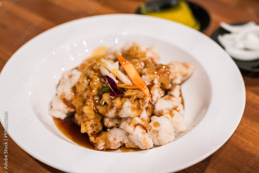 Korean Chinese Restaurant Sweet and Sour Pork with Blurred Pickled Radish and Sliced Onion Korean Chinese Restaurant Sweet and Sour Pork with Blurred Pickled Radish and Sliced Onion