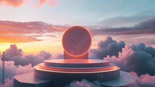 Podium stage set against a cloudy sky during golden hour for product display 3D rendering photo