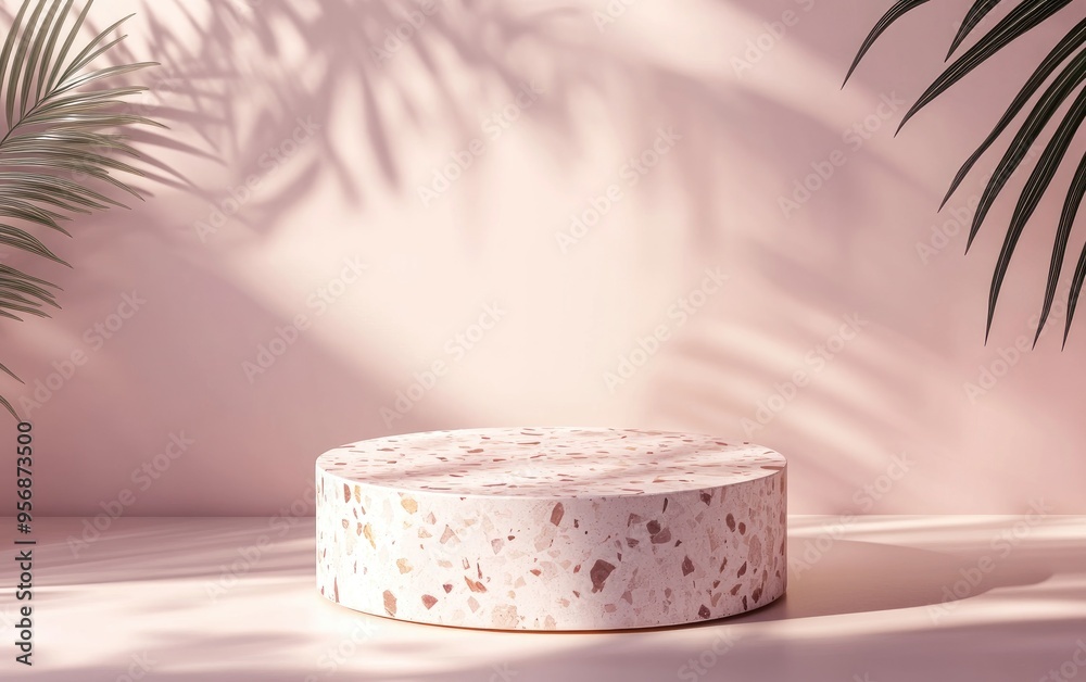 Podium and stand featuring terrazzo and stone against a pastel wall background with shadows of tropical palm leaves Ideal display for cosmetics footwear bags and timepieces minimalist illustration Podium and stand featuring terrazzo and stone against a pastel wall background with shadows of tropical palm leaves Ideal display for cosmetics footwear bags and timepieces minimalist illustration