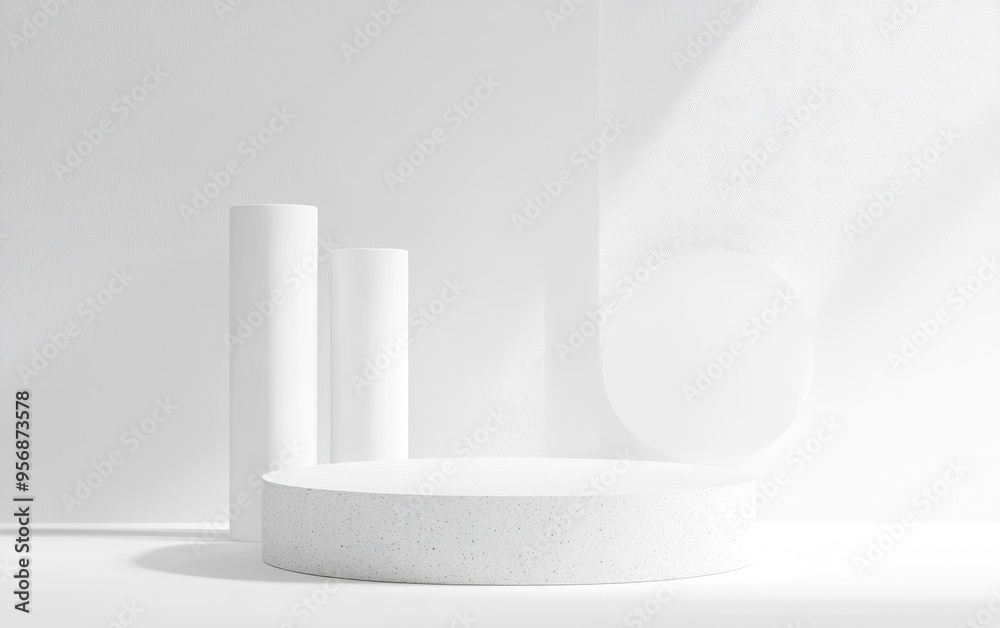 A mockup illustration showcasing geometric shapes in white against an abstract white backdrop including a minimalistic scene with a vacant concrete cylinder pedestal and a white podium for a cosme A mockup illustration showcasing geometric shapes in white against an abstract white backdrop including a minimalistic scene with a vacant concrete cylinder pedestal and a white podium for a cosme