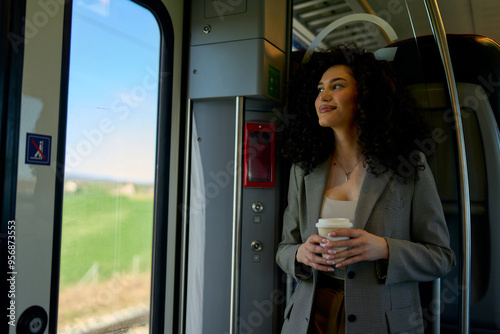 Obraz na płótnie Fashionable female traveler with a coffee cup embracing the slow pace of city transport, gazing out the bus window
