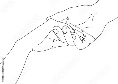 Two hands of man and woman together vector drawing. Concept of romantic relationship, support, help, promise, reconciliation.