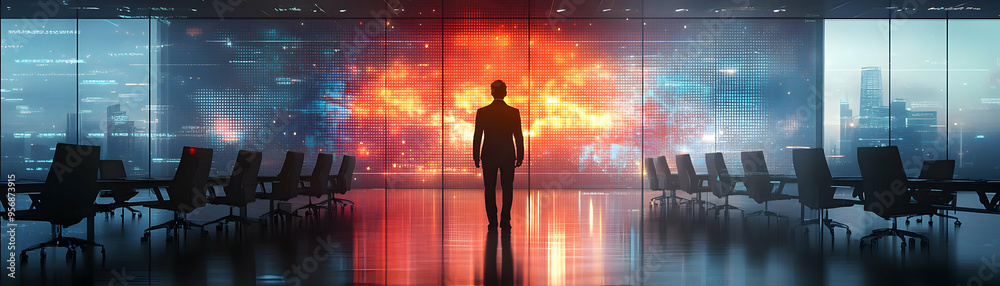 Manager leading a team in a glossy abstract virtual meeting concept as Camera movement Pan across the screen showing the manager directing team activities with a glossy digital interface. Scene A coll