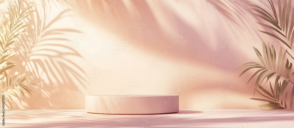 Subtle pastel background featuring wall shadows designed for showcasing products Minimalistic botanical podium enhanced by shadows from various plants and trees for promotional use Subtle pastel background featuring wall shadows designed for showcasing products Minimalistic botanical podium enhanced by shadows from various plants and trees for promotional use