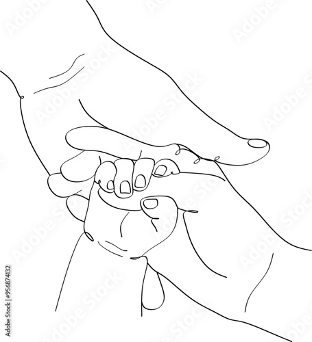 Single continuous line drawing baby hand. Closeup of baby hand into parents hands. Family concept. Tiny Newborn Baby's and parent hands.