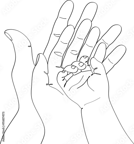 Single continuous line drawing baby hand. Closeup of baby hand into parents hands. Family concept. Tiny Newborn Baby's and parent hands.