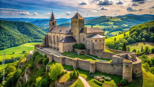 Ancient stone fortress church with imposing walls, towers, and battlements, surrounded by rolling hills and lush greenery, evoking a sense of history and tranquility.