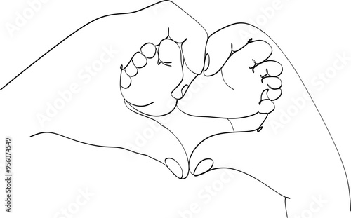 Mom s hands hold the legs of a newborn one line art. Continuous line drawing of motherhood, family, endless love, child, mother s day, baby feet, tenderness.