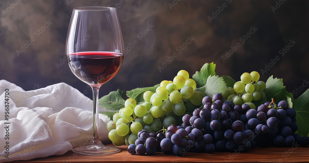 Obraz premium Bicchiere di vino accanto a uva. Raccolta dell'uva.