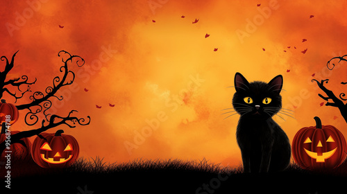 A cute black cat and a Jack o Lantern , Meow-tastic halloween background with blank space for text. photo